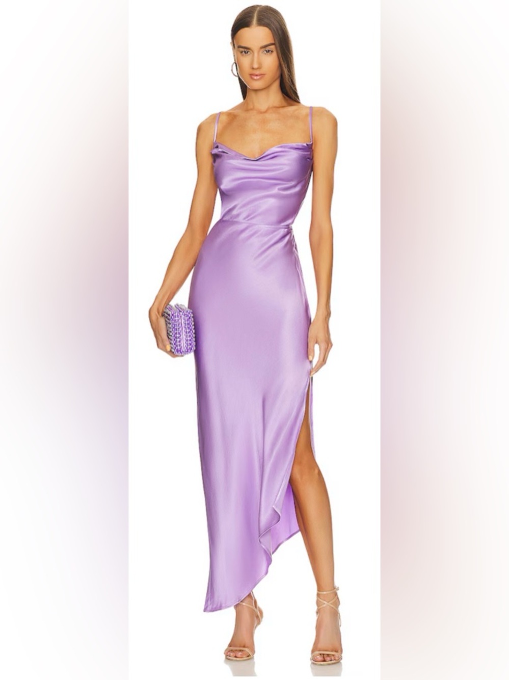 Michael Costello Lavender Satin Cowl Neck Midi Dress